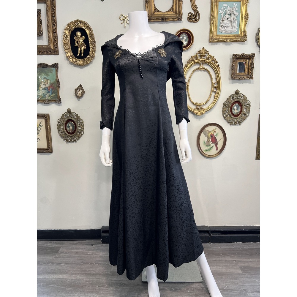 Vintage Black Damask Hooded Long Sleeve Gothic Maxi Dress Size XS